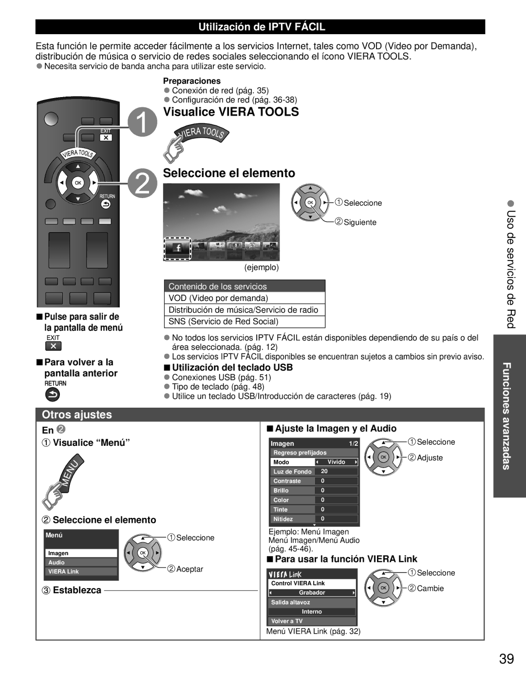 Panasonic TC-L42E3 owner manual Servicios de Red Funciones, Otros ajustes, Utilización de Iptv Fácil, Avanzadas 