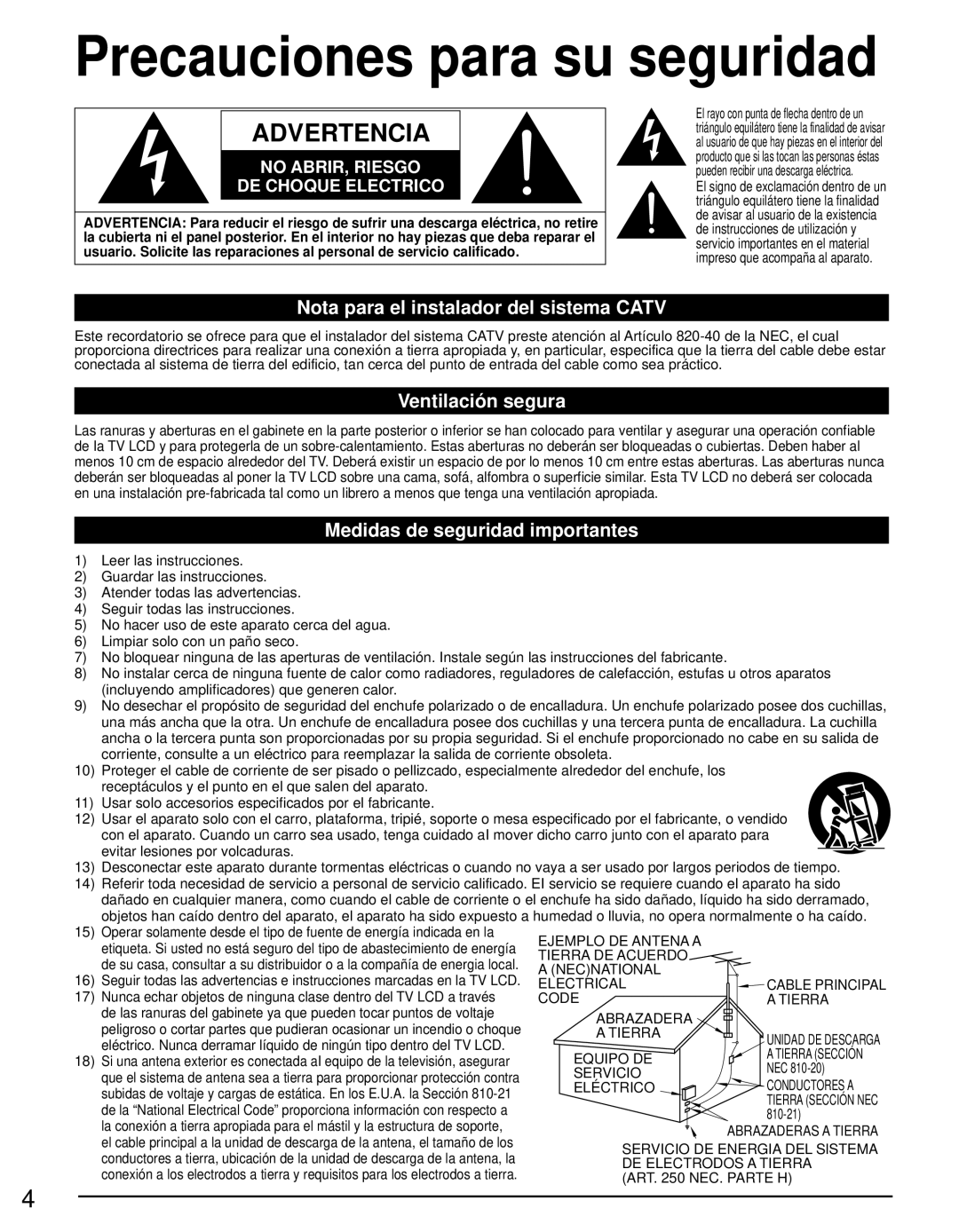 Panasonic TC-L42E3 Precauciones para su seguridad, Nota para el instalador del sistema Catv, Ventilación segura 