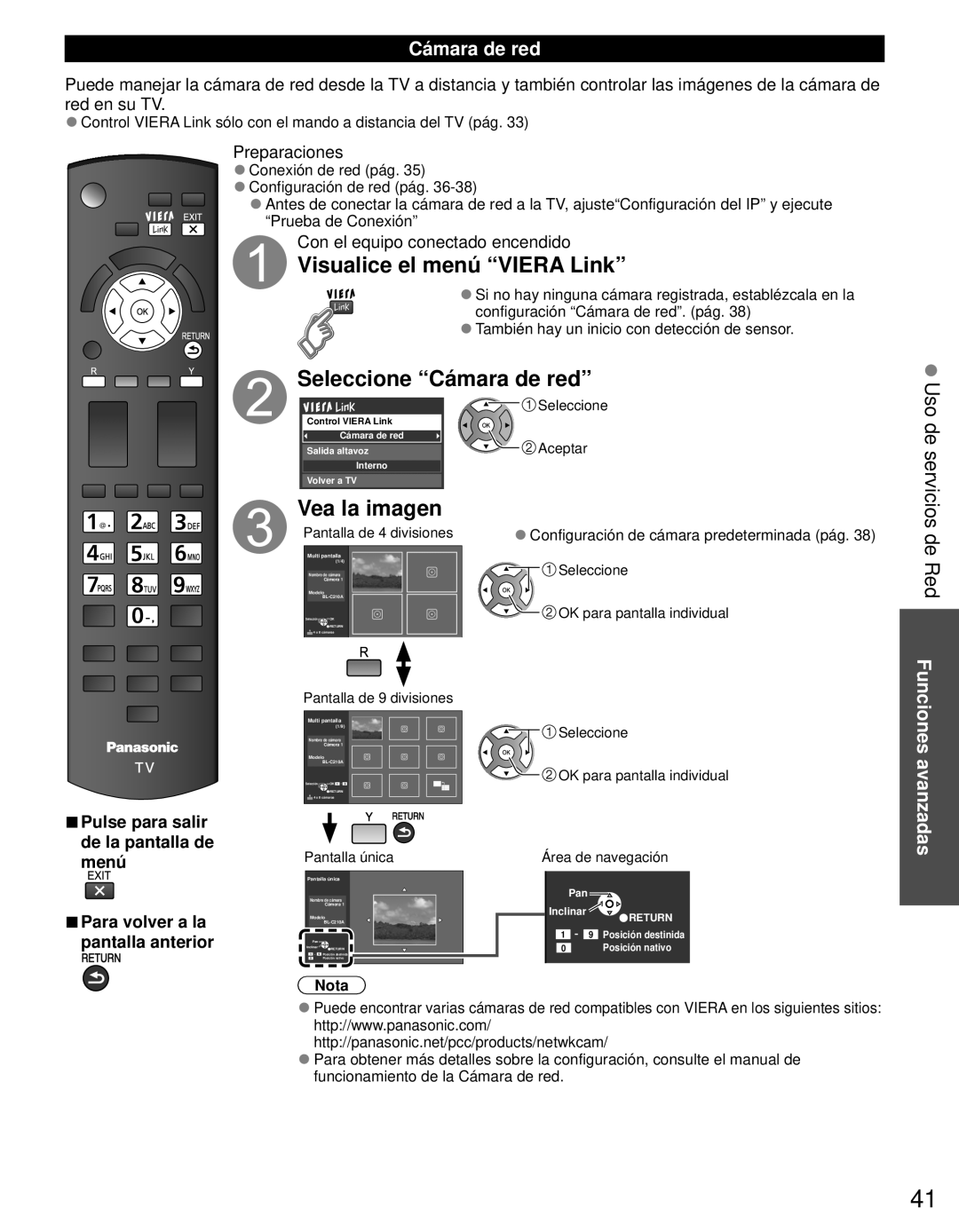 Panasonic TC-L42E3 Visualice el menú Viera Link, Seleccione Cámara de red, Vea la imagen, De Red Funciones avanzadas 