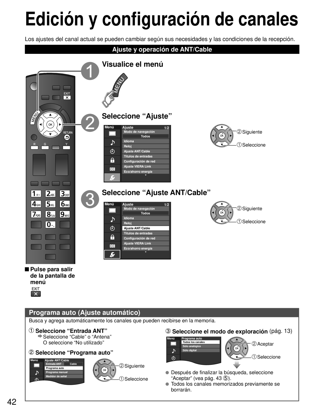 Panasonic TC-L42E3 Visualice el menú Seleccione Ajuste, Seleccione Ajuste ANT/Cable, Programa auto Ajuste automático 