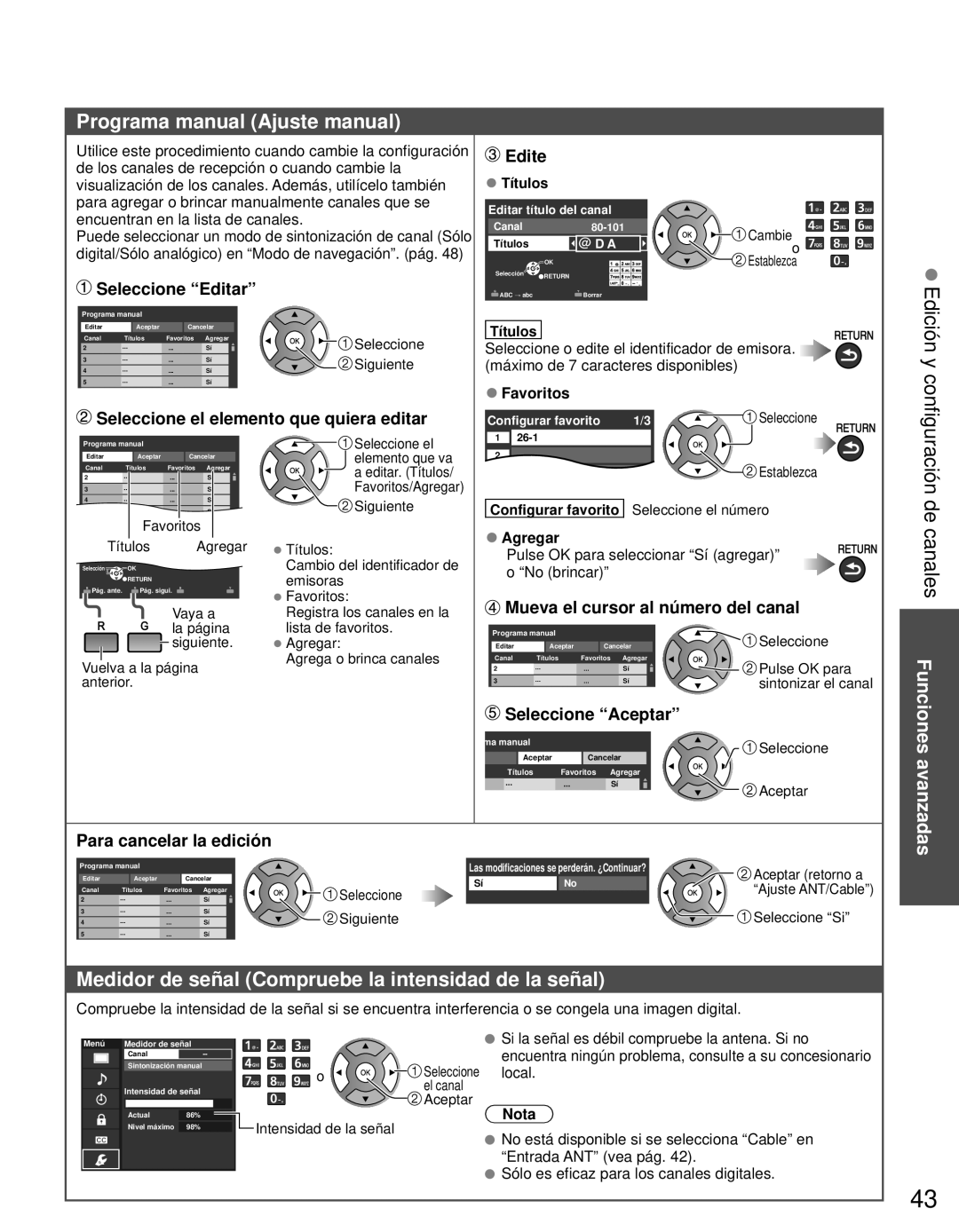 Panasonic TC-L42E3 Programa manual Ajuste manual, Edición y, Medidor de señal Compruebe la intensidad de la señal 