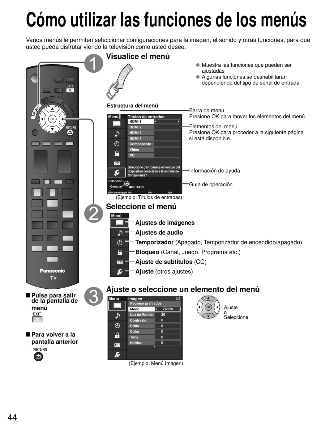 Panasonic TC-L42E3 owner manual Visualice el menú, Seleccione el menú, Ajuste o seleccione un elemento del menú 