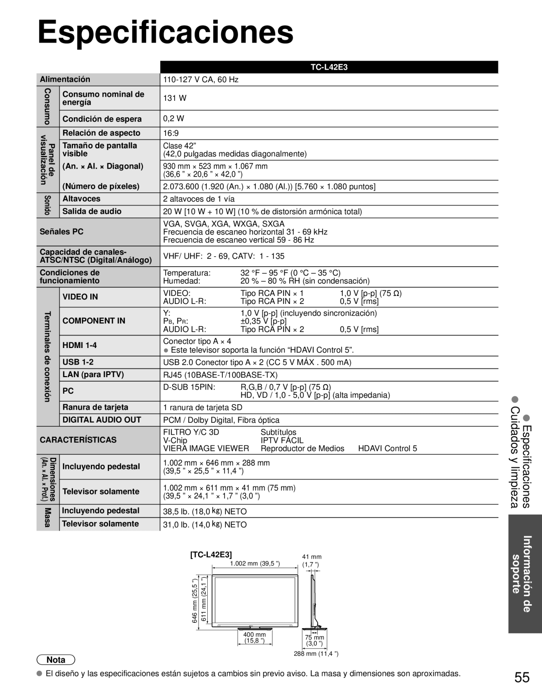 Panasonic TC-L42E3 owner manual Especificaciones 