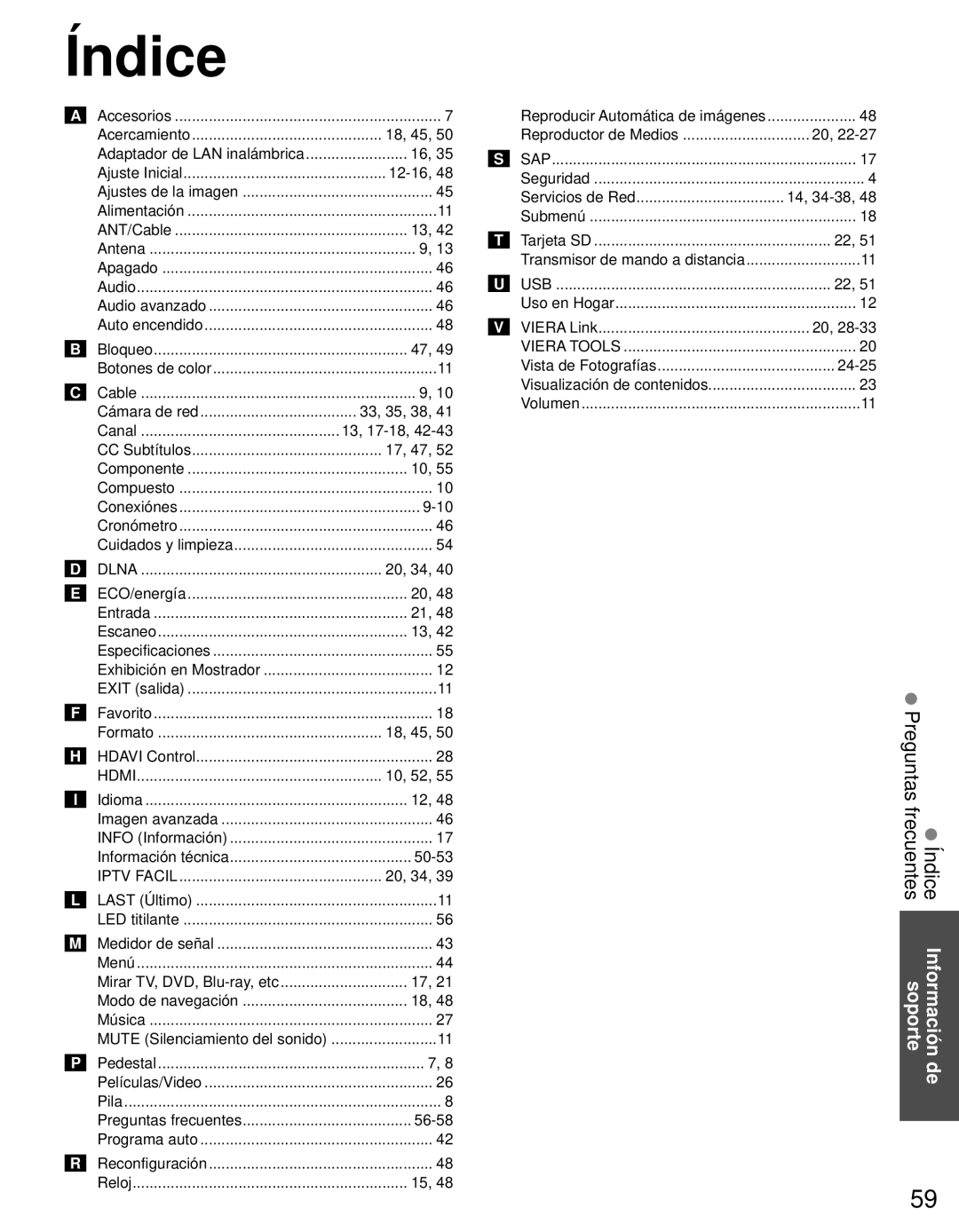 Panasonic TC-L42E3 owner manual Índice Información de Preguntas frecuentes soporte 