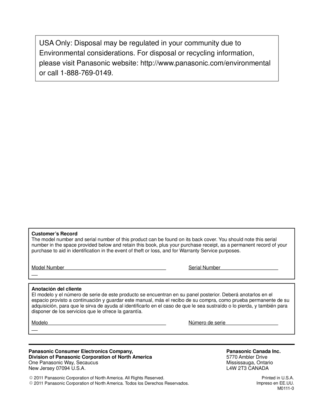 Panasonic TC-L42E3 owner manual Customer’s Record, Anotación del cliente, Ambler Drive 