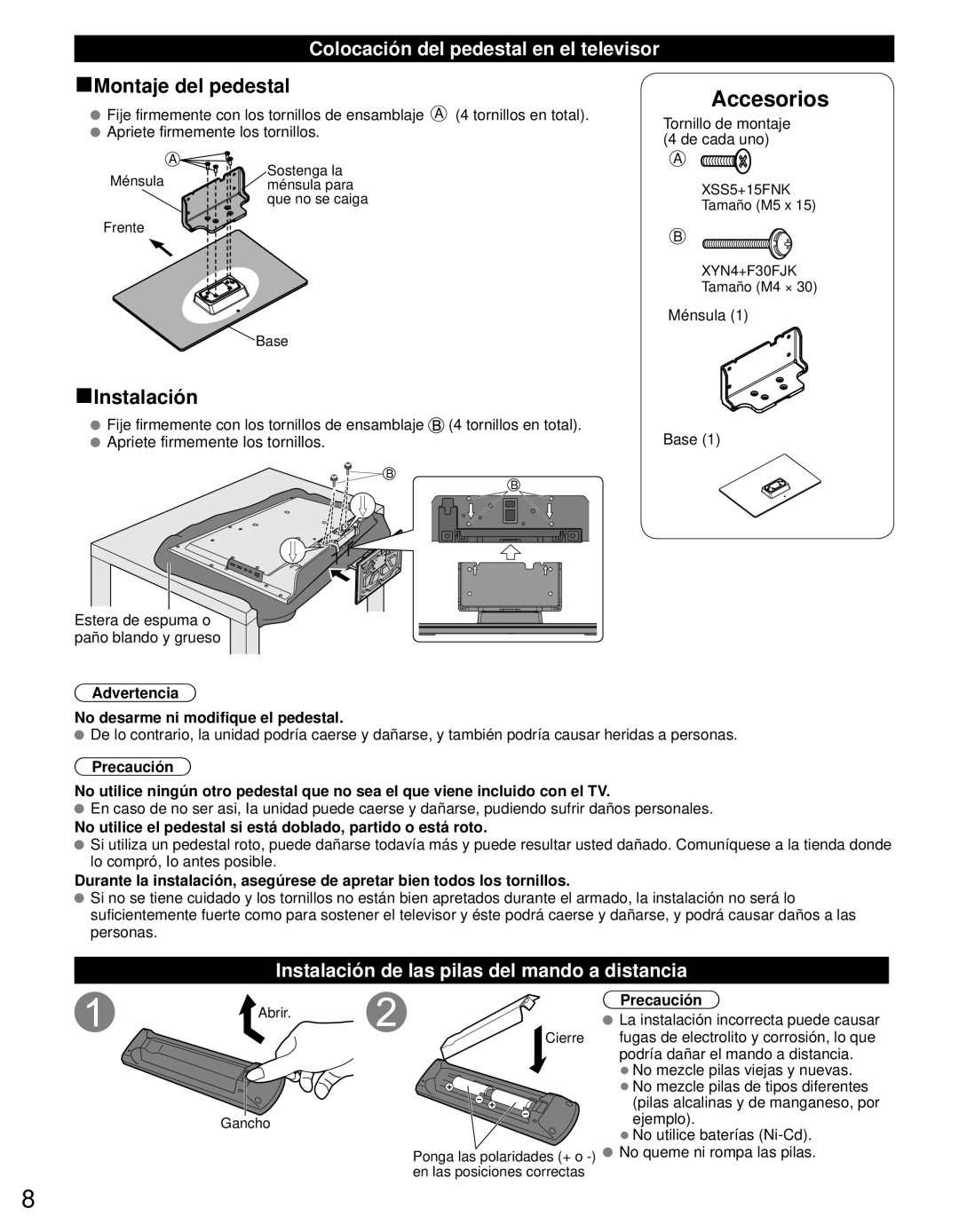 Panasonic TC-L42E3 Colocación del pedestal en el televisor, Instalación de las pilas del mando a distancia, Precaución 