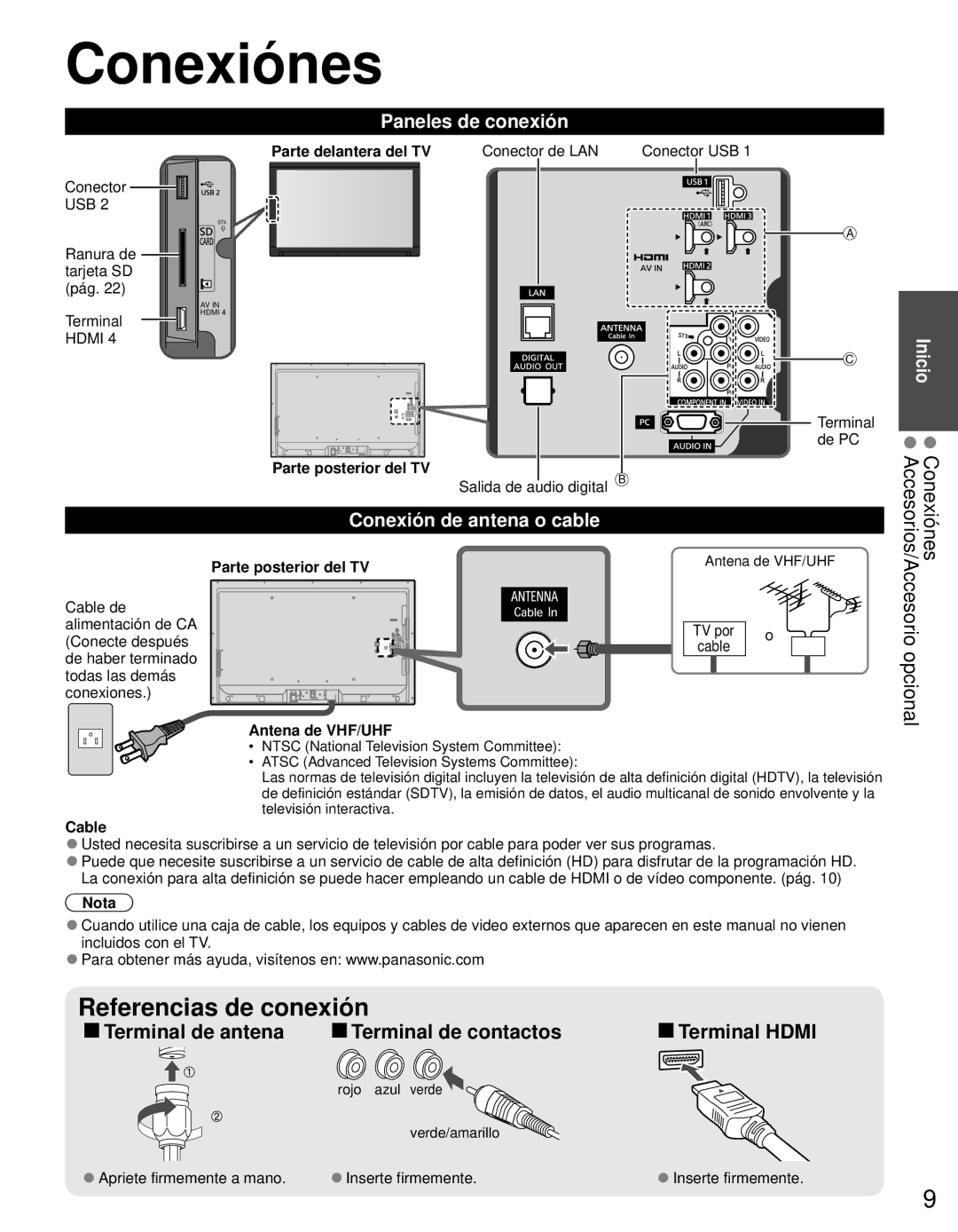 Panasonic TC-L42E3 owner manual Conexiónes, Paneles de conexión, Conexión de antena o cable 