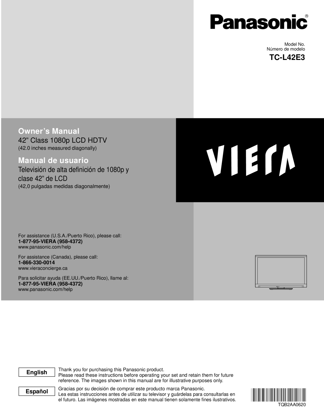 Panasonic TC-L42E3 owner manual English Español, Viera, Owner’s Manual, Manual de usuario, 42” Class 1080p LCD HDTV 