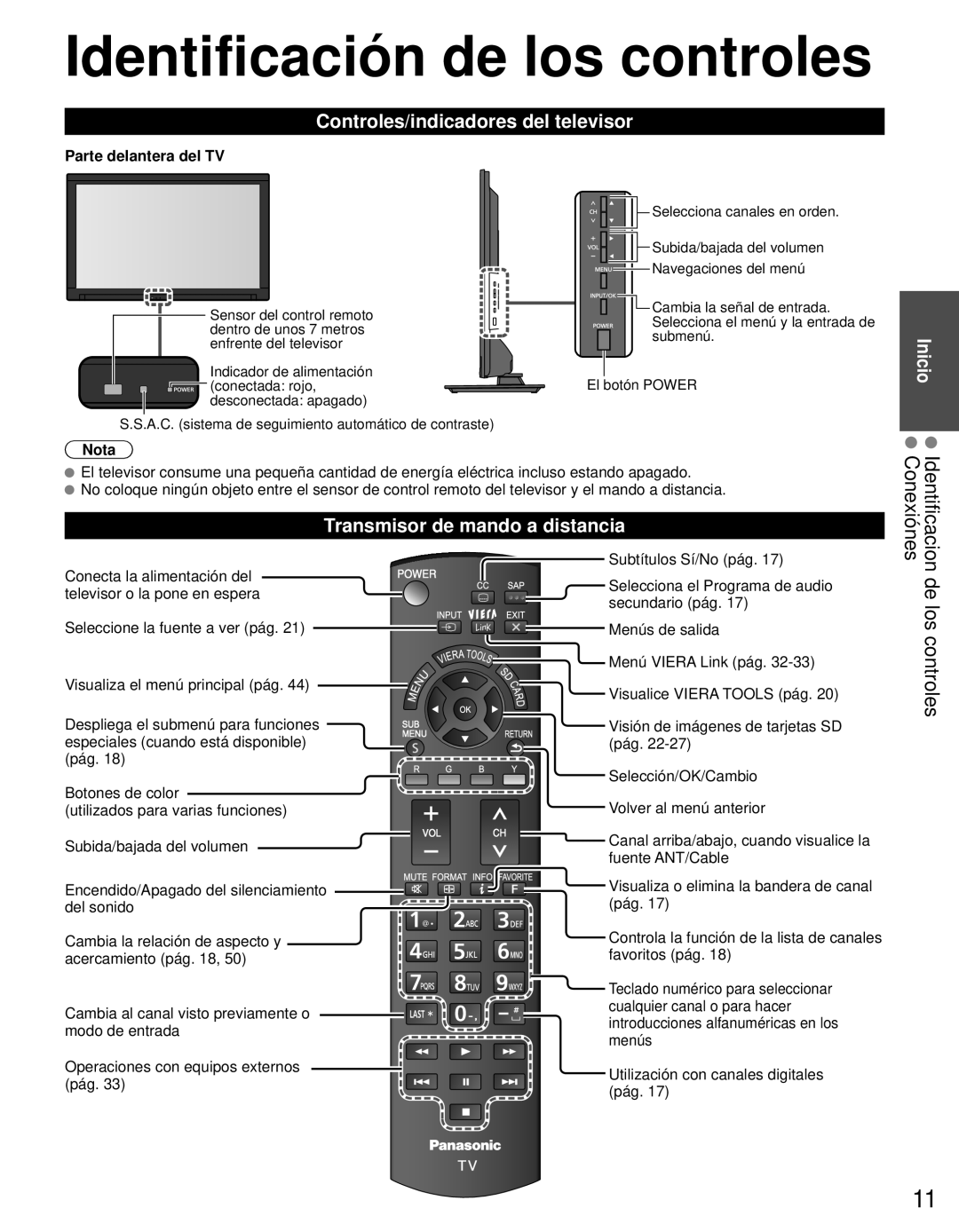 Panasonic TC-L42E3 Identificación de los controles, Controles/indicadores del televisor, Transmisor de mando a distancia 