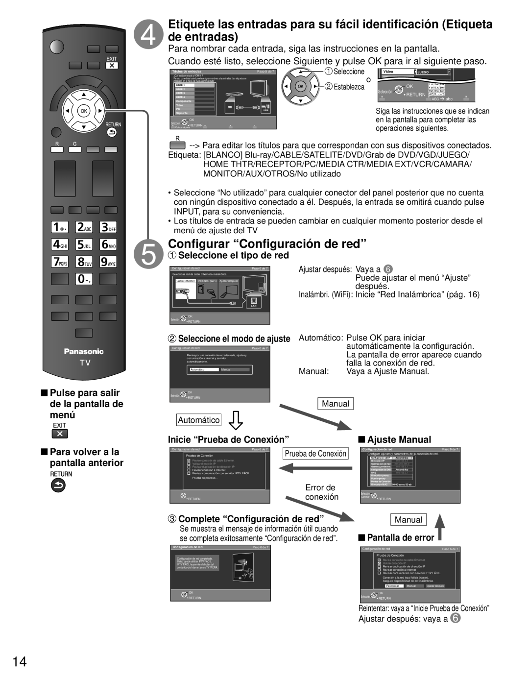 Panasonic TC-L42E3 Configurar “Configuración de red”, Para nombrar cada entrada, siga las instrucciones en la pantalla 