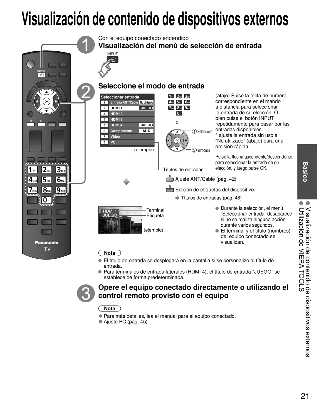 Panasonic TC-L42E3 owner manual Visualización del menú de selección de entrada, Seleccione el modo de entrada, Nota 