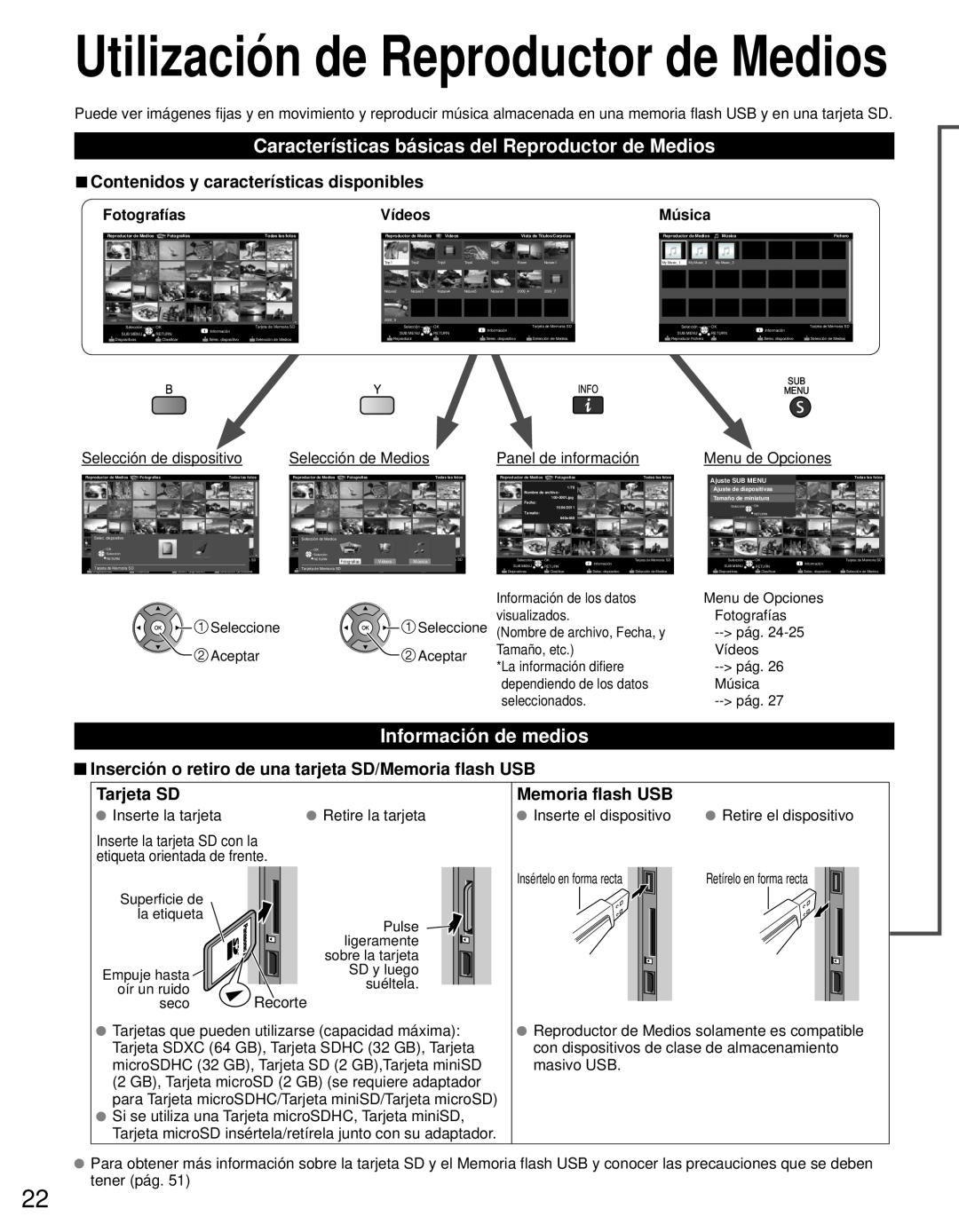 Panasonic TC-L42E3 Características básicas del Reproductor de Medios, Información de medios, Tarjeta SD, Memoria flash USB 