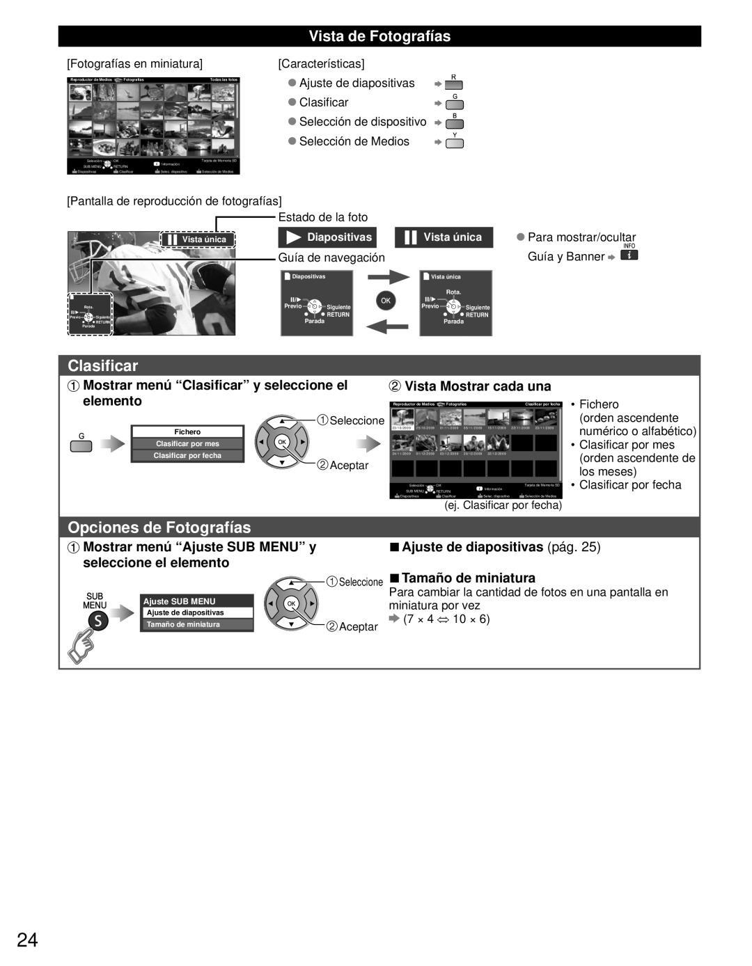 Panasonic TC-L42E3 Opciones de Fotografías, Vista de Fotografías, Mostrar menú “Clasificar” y seleccione el, elemento 