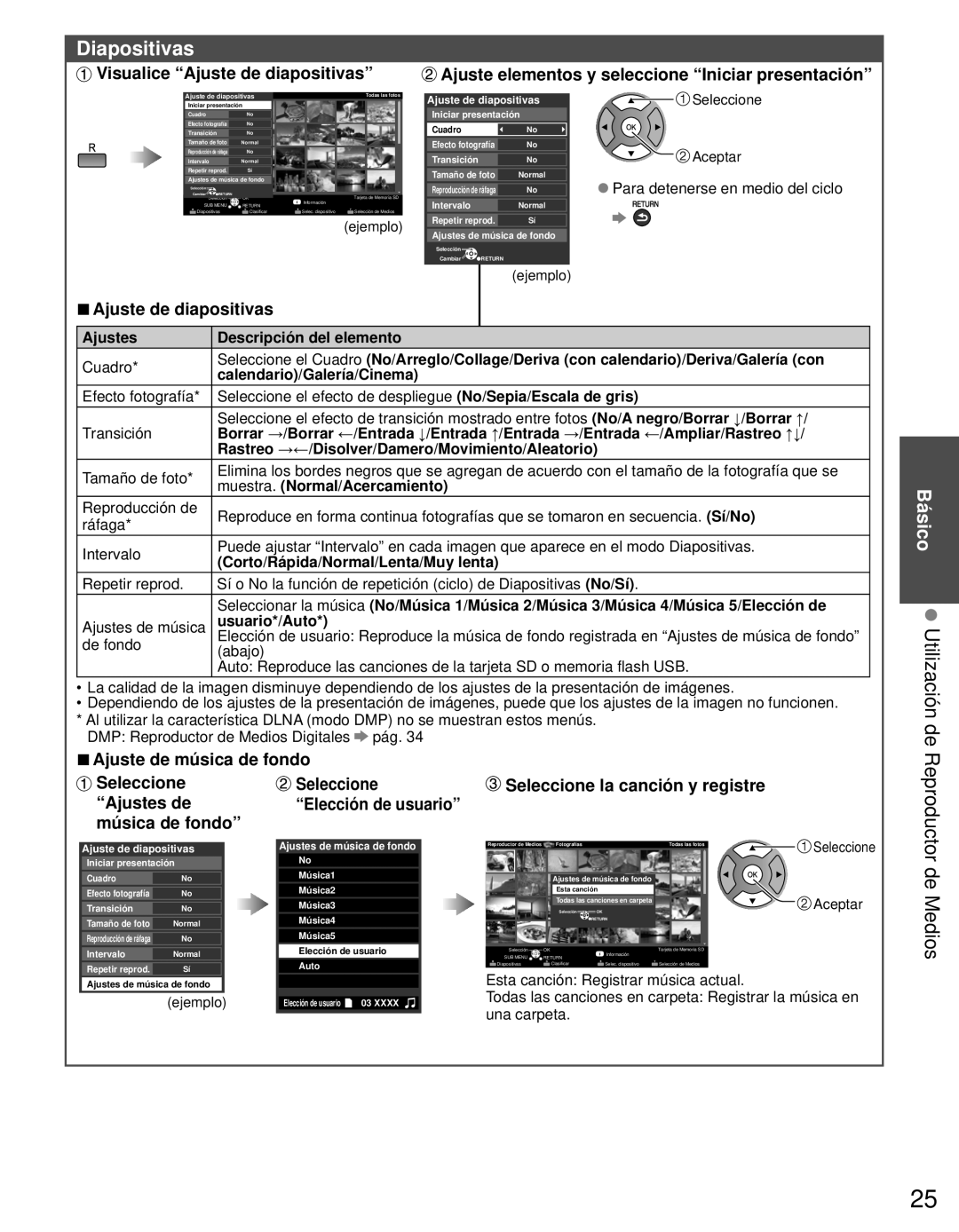 Panasonic TC-L42E3 Diapositivas, Visualice “Ajuste de diapositivas”, Ajuste elementos y seleccione “Iniciar presentación” 