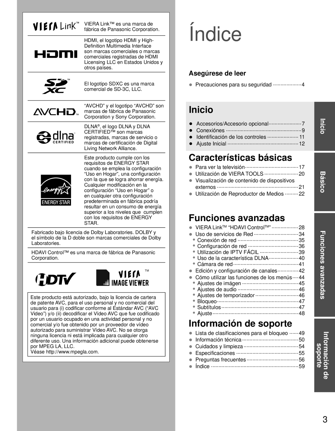 Panasonic TC-L42E3 owner manual Asegúrese de leer, Información soporte, Inicio, avanzadas, Índice, Características básicas 