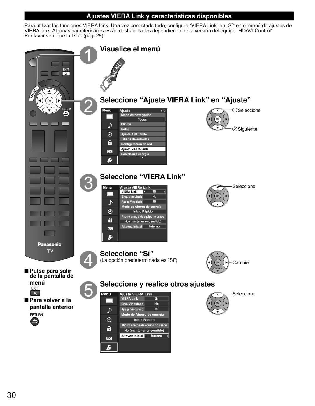Panasonic TC-L42E3 Visualice el menú Seleccione “Ajuste VIERA Link” en “Ajuste”, Seleccione “VIERA Link”, Seleccione “Sí” 
