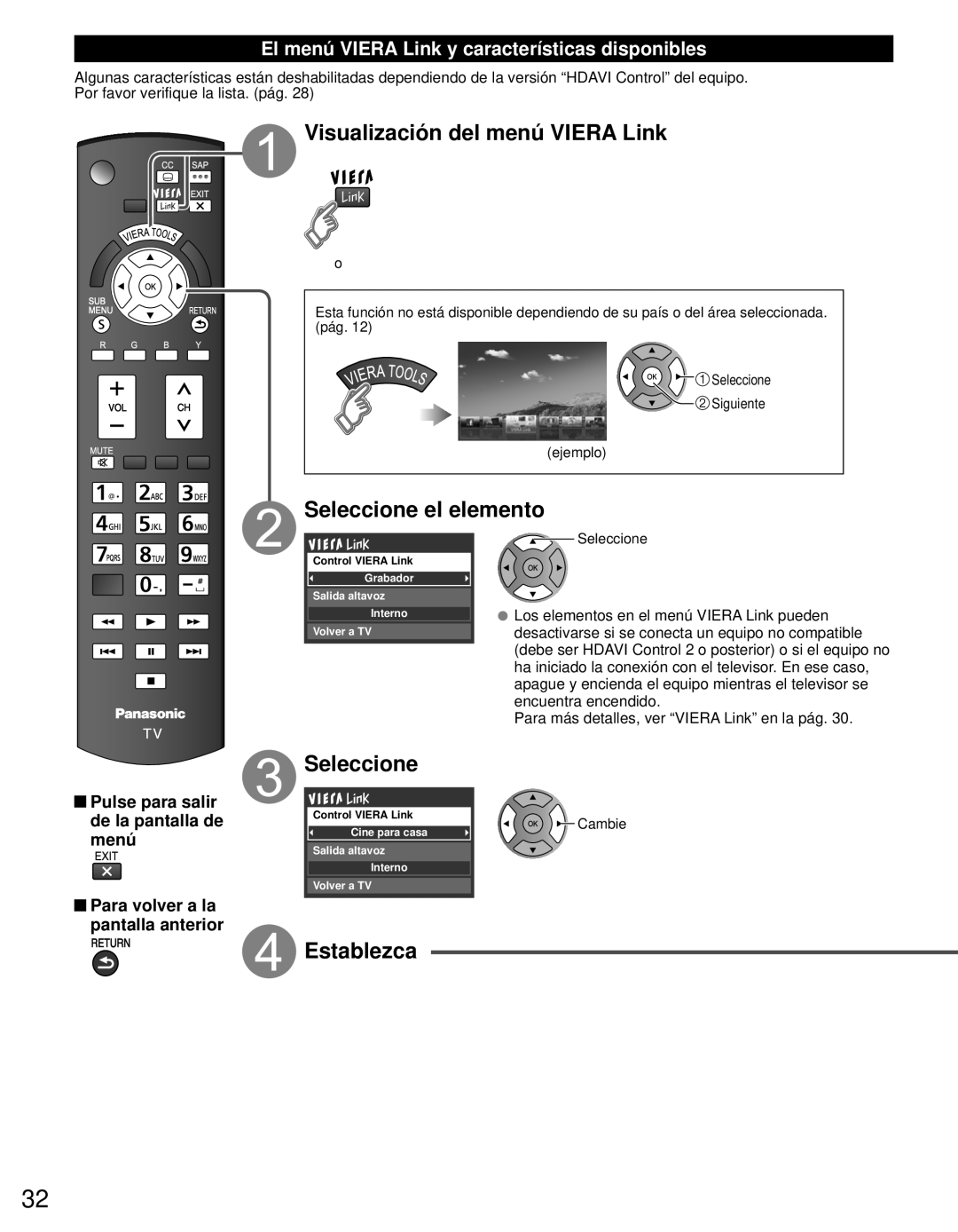 Panasonic TC-L42E3 owner manual Visualización del menú VIERA Link, Seleccione el elemento, Establezca 