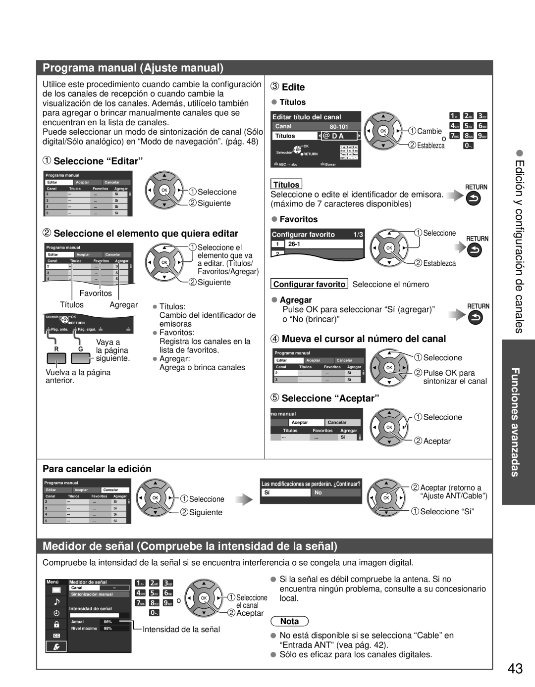 Panasonic TC-L42E3 Programa manual Ajuste manual, Edición y, Medidor de señal Compruebe la intensidad de la señal, Edite 