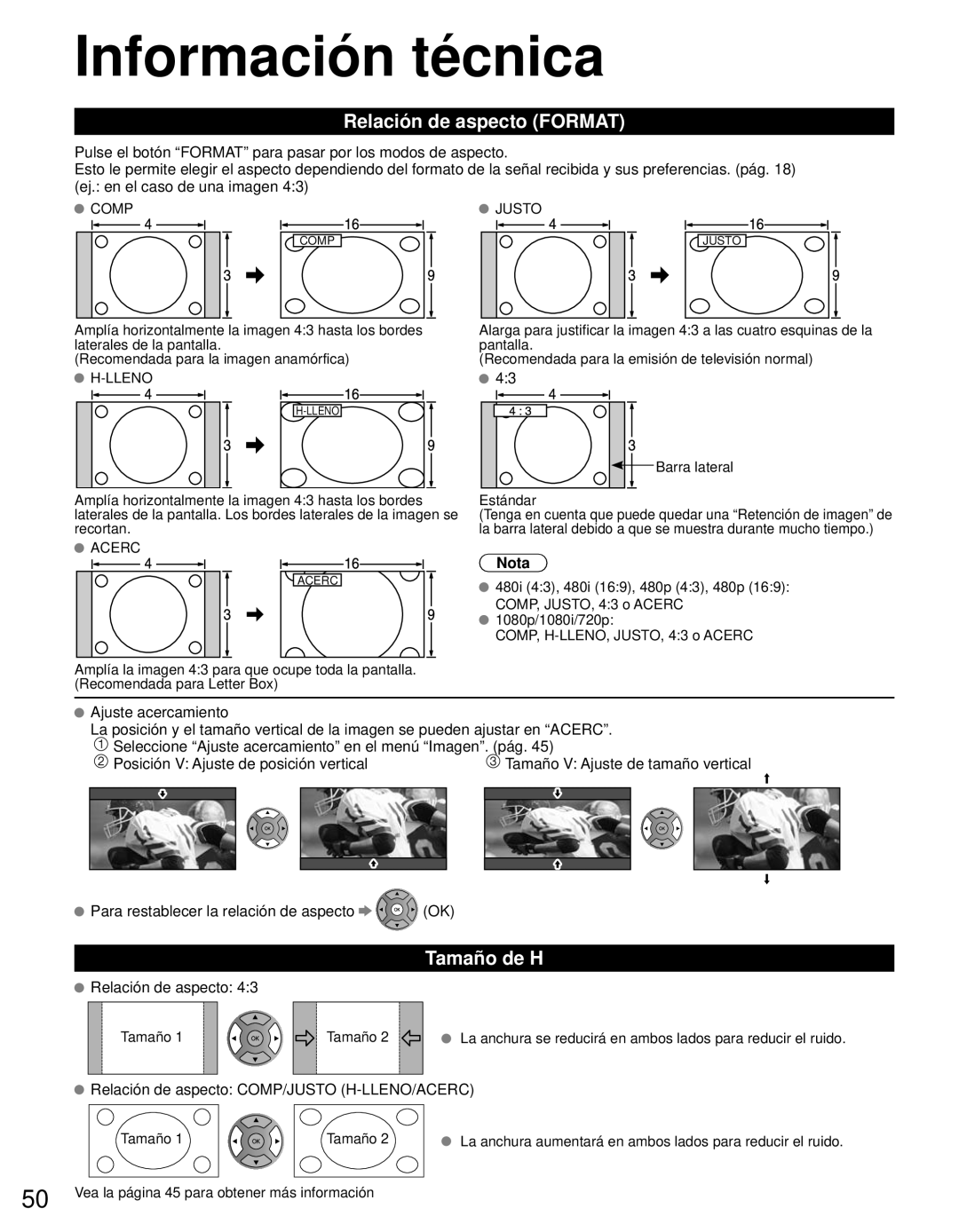 Panasonic TC-L42E3 owner manual Información técnica, Relación de aspecto FORMAT, Tamaño de H, Nota 