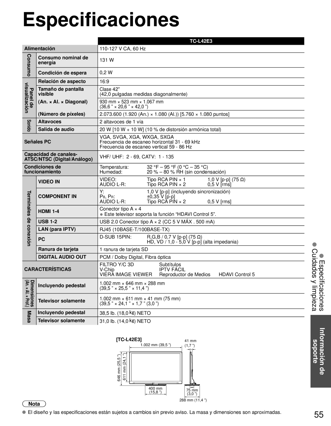 Panasonic TC-L42E3 owner manual Especificaciones, Nota 