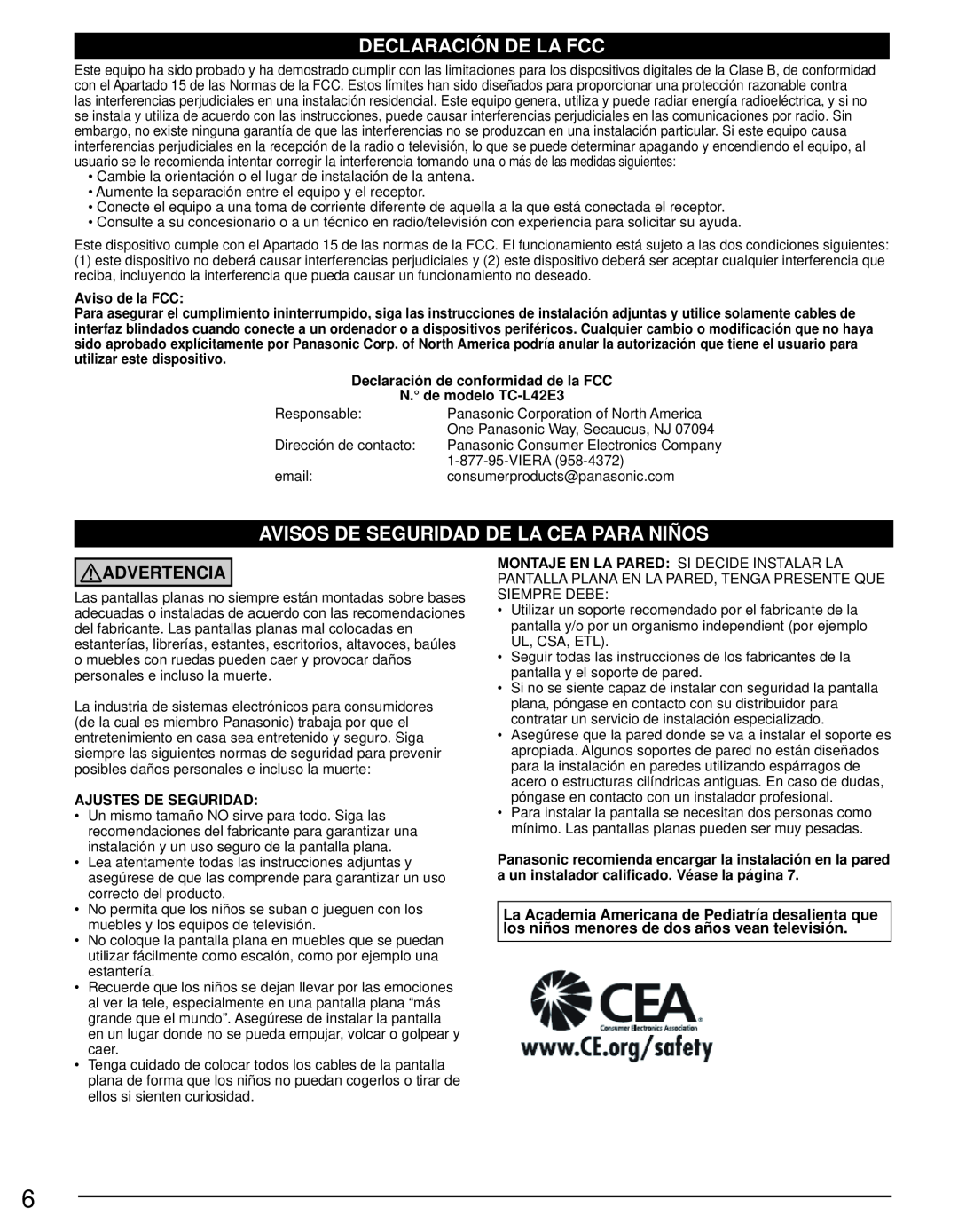 Panasonic TC-L42E3 owner manual Declaración De La Fcc, Avisos De Seguridad De La Cea Para Niños, Advertencia 