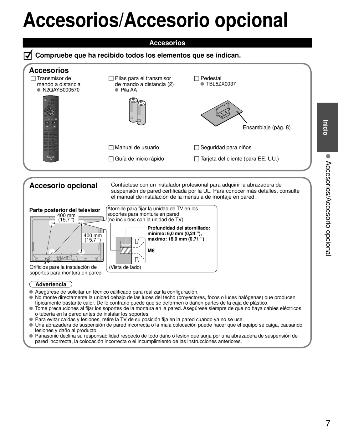 Panasonic TC-L42E3 Accesorios/Accesorio opcional, Inicio Accesorios/Accesorio, Parte posterior del televisor, Advertencia 