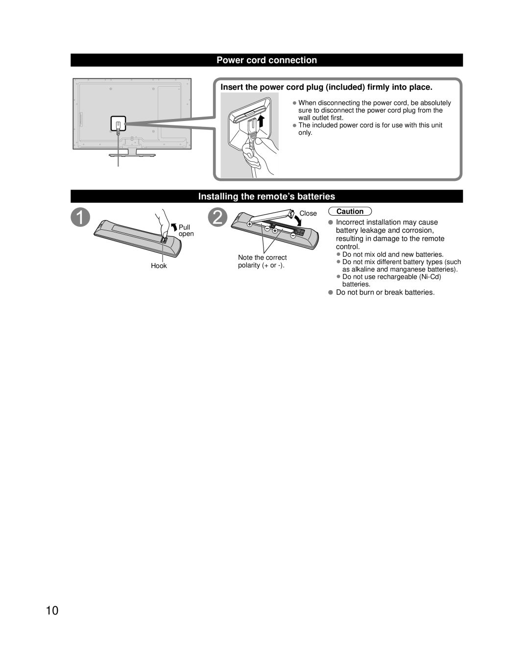 Panasonic TC-L42ET5, TCL47ET5 owner manual Power cord connection, Installing the remote’s batteries, Close Caution 