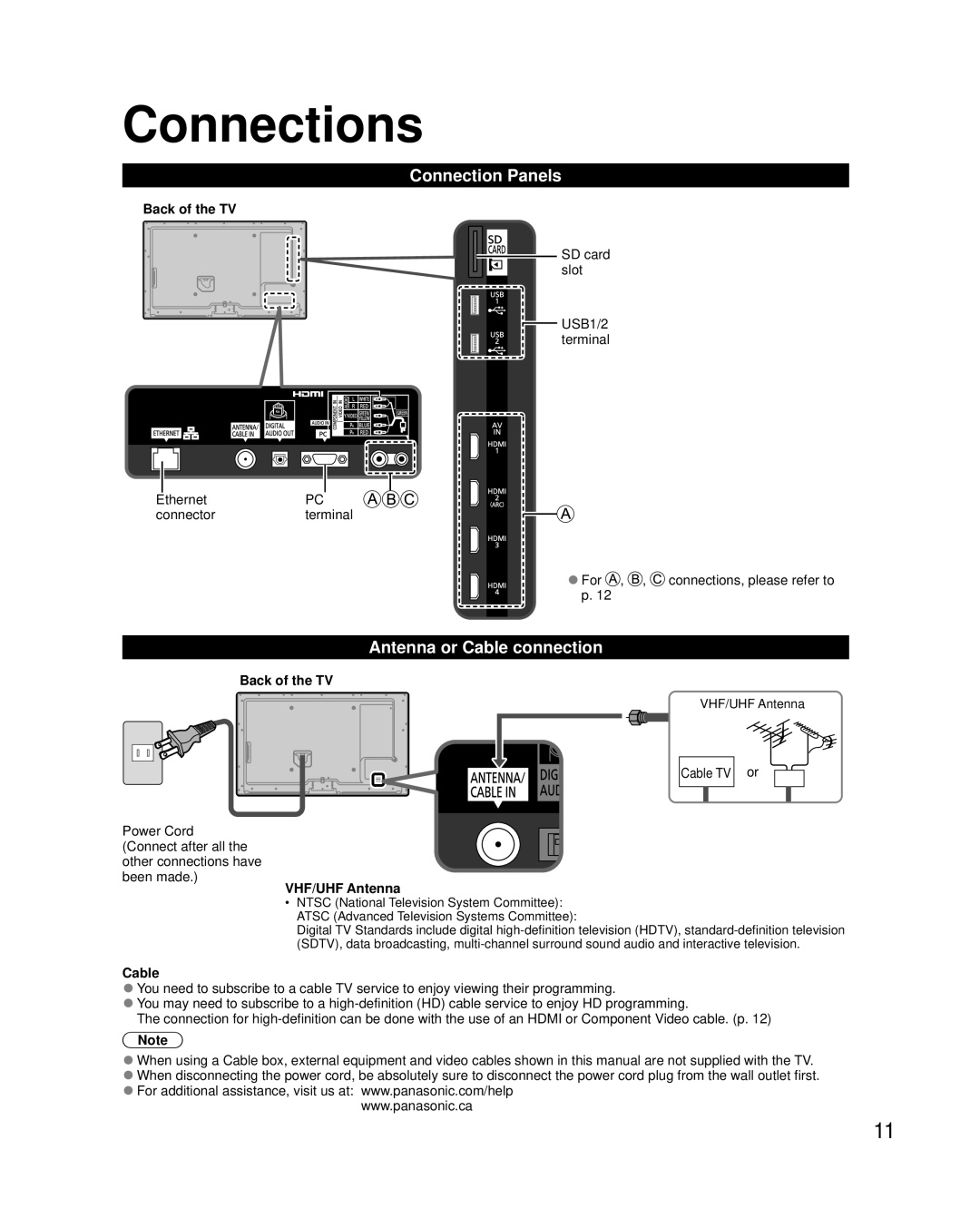 Panasonic TCL47ET5, TC-L42ET5 owner manual Connections, Connection Panels, Antenna or Cable connection, VHF/UHF Antenna 