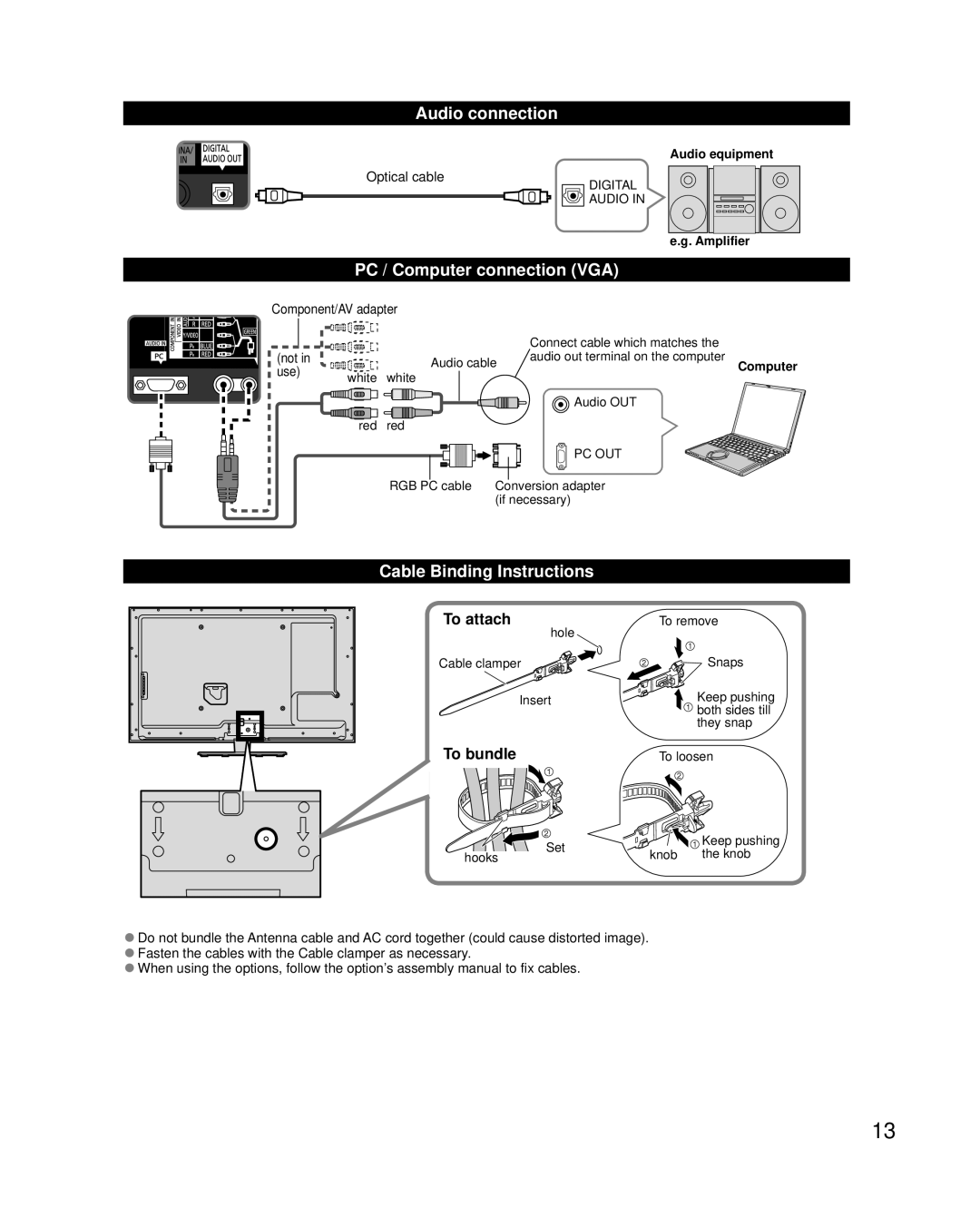 Panasonic TCL47ET5 Audio connection, PC / Computer connection VGA, Cable Binding Instructions, To attach, To bundle 