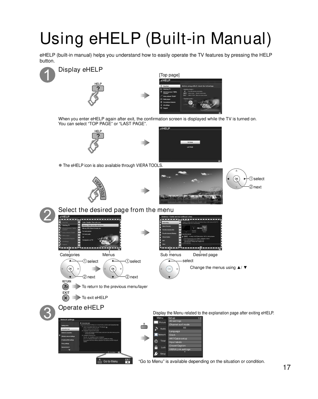 Panasonic TCL47ET5, TC-L42ET5 owner manual Using eHELP Built-in Manual, Display eHELP 