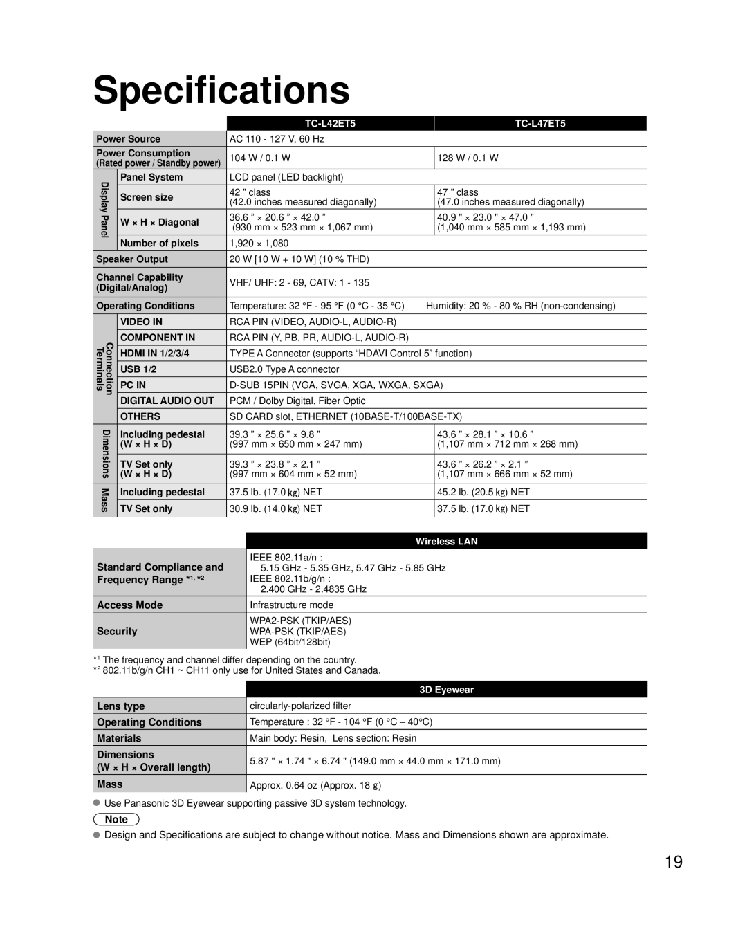 Panasonic TCL47ET5, TC-L42ET5 owner manual Specifications 