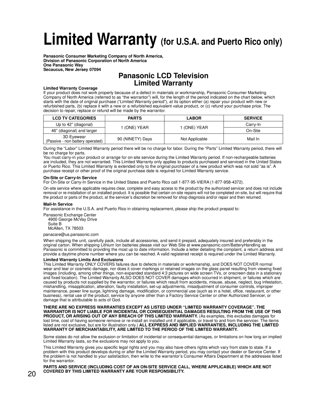 Panasonic TC-L42ET5, TCL47ET5 owner manual Limited Warranty for U.S.A. and Puerto Rico only 