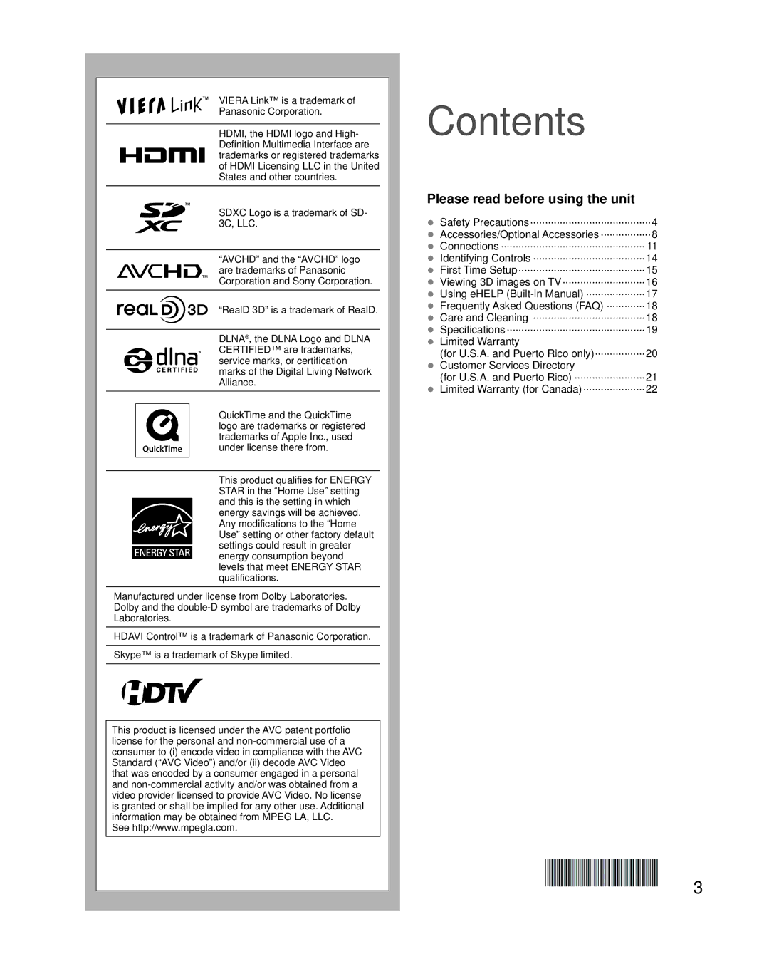 Panasonic TCL47ET5, TC-L42ET5 owner manual Contents 