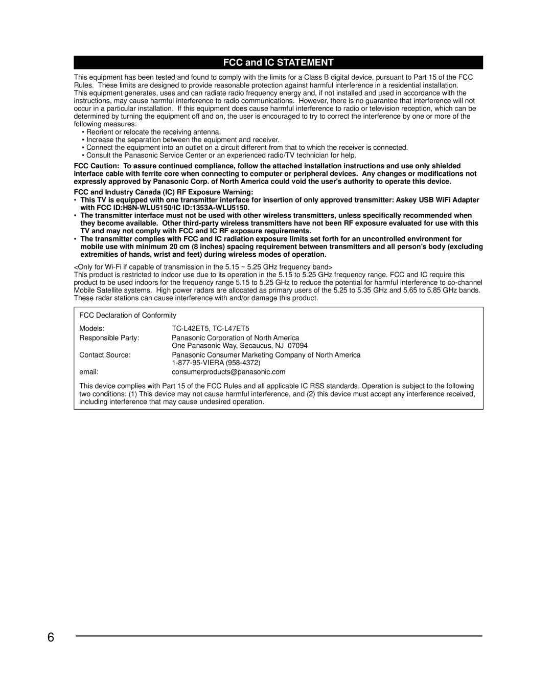 Panasonic TC-L42ET5, TCL47ET5 owner manual FCC and IC Statement 