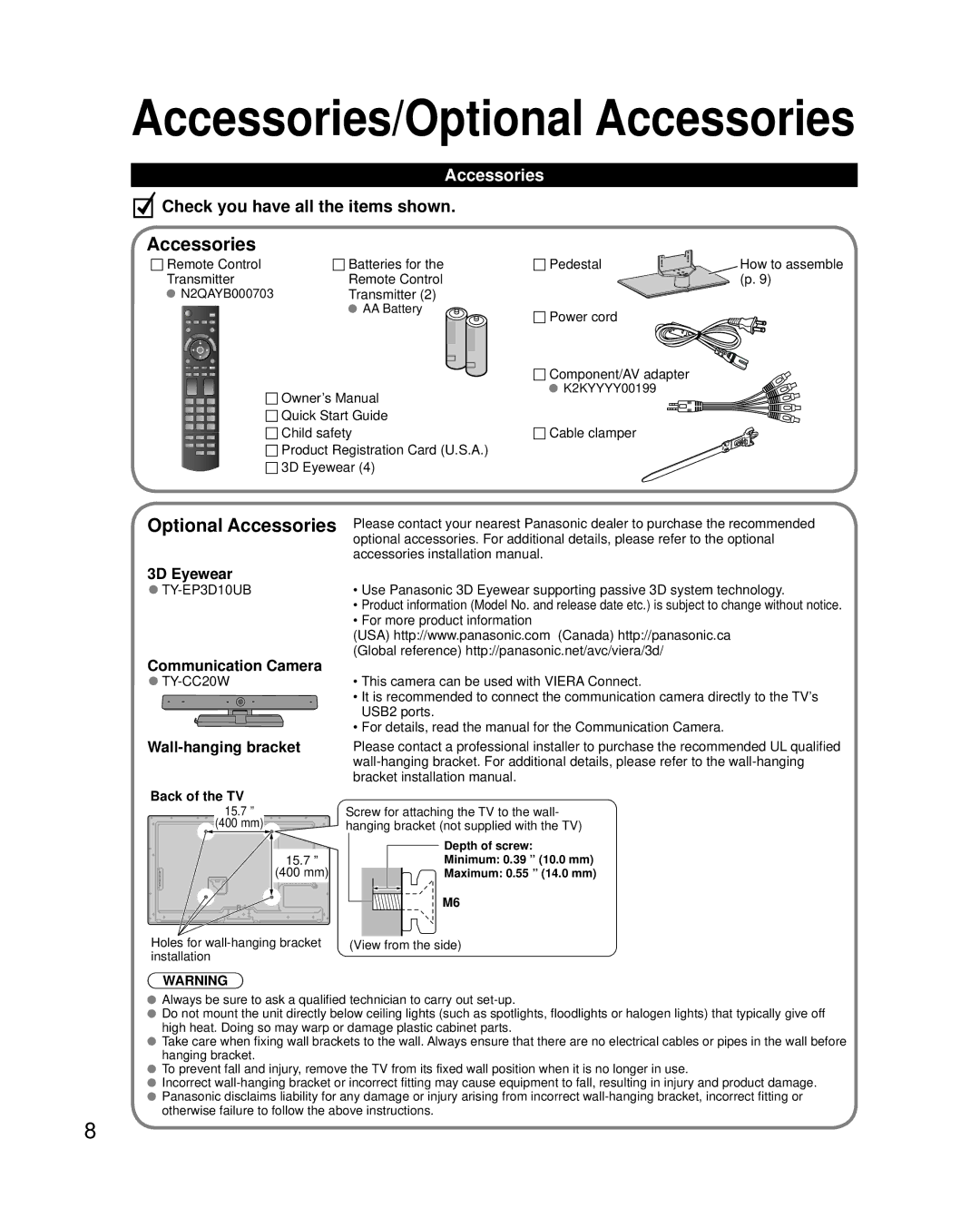 Panasonic TC-L42ET5, TCL47ET5 owner manual Accessories, Communication Camera, Wall-hanging bracket, Back of the TV 