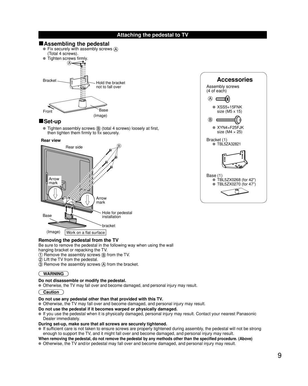 Panasonic TCL47ET5, TC-L42ET5 owner manual Attaching the pedestal to TV, Removing the pedestal from the TV, Rear view 