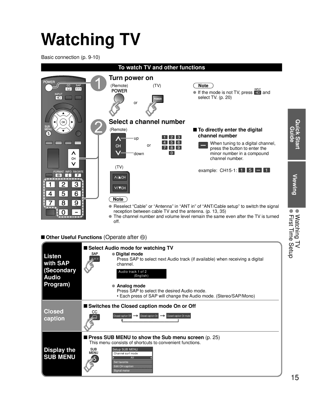 Panasonic TC-L42U25 quick start Watching TV, Turn power on, Select a channel number, To watch TV and other functions 