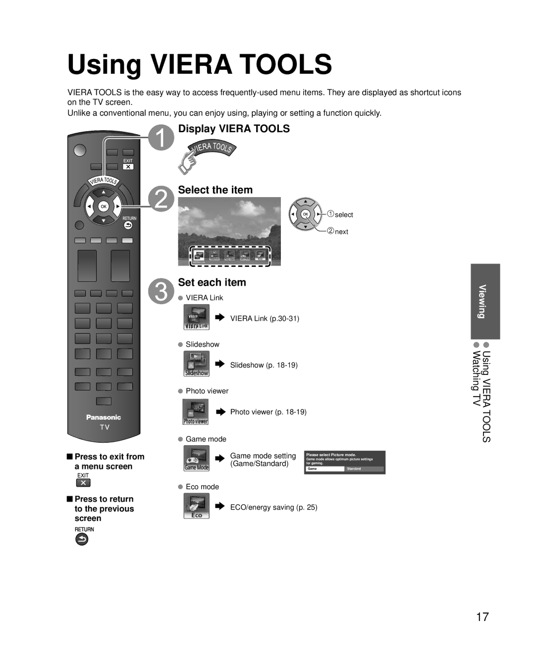 Panasonic TC-L42U25 quick start Using Viera Tools, Display Viera Tools Select the item, Set each item 