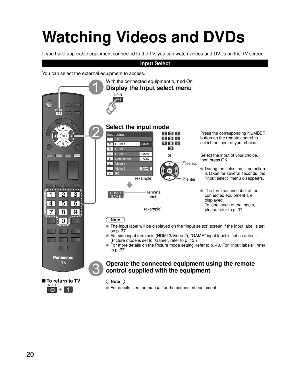 Panasonic TC-L42U25 Display the Input select menu Select the input mode, To return to TV, Example Enter, Terminal 