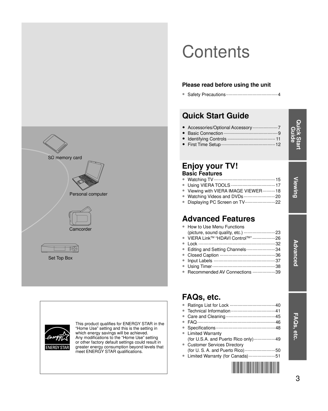 Panasonic TC-L42U25 quick start Contents 