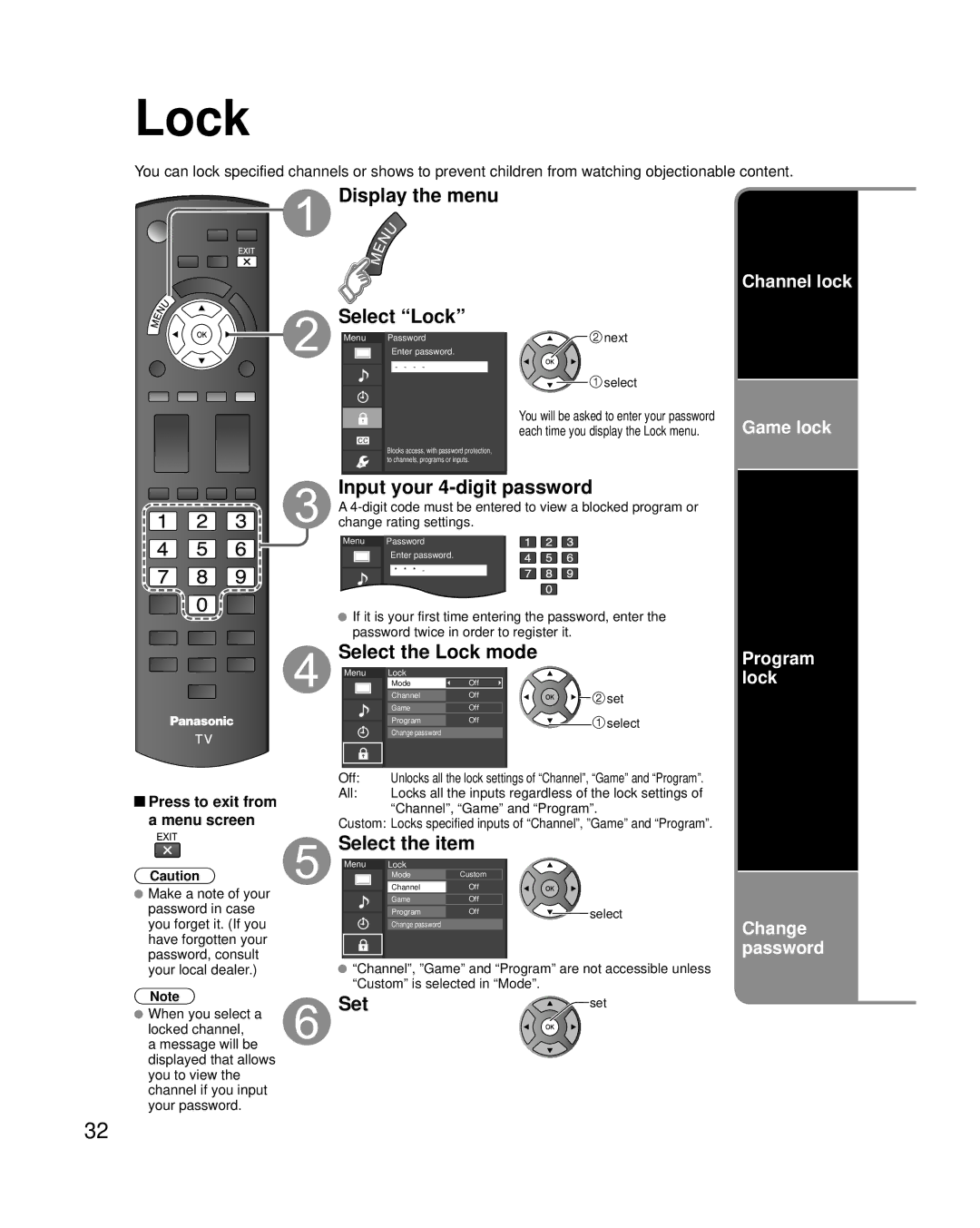 Panasonic TC-L42U25 quick start Display the menu Select Lock, Input your 4-digit password, Select the Lock mode 