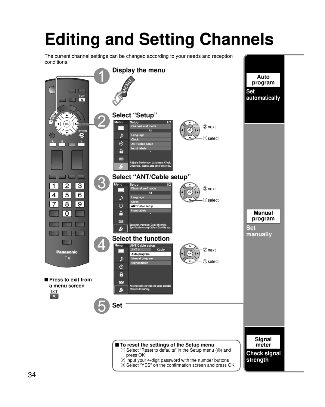 Panasonic TC-L42U25 Editing and Setting Channels, Select ANT/Cable setup, Select the function, Set automatically 