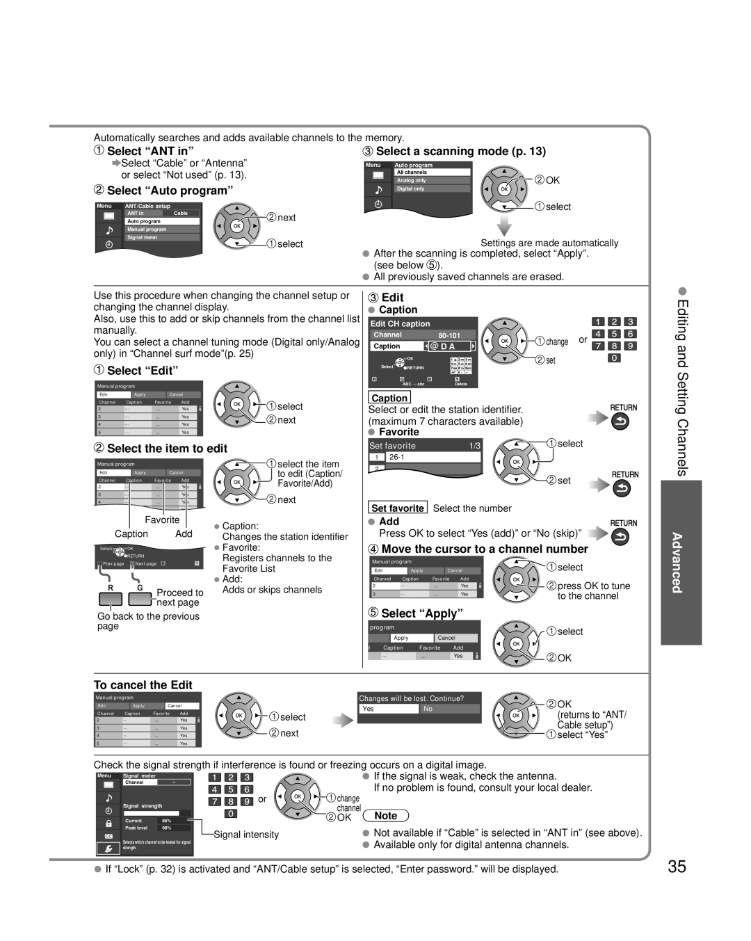 Panasonic TC-L42U25 Select ANT, Select Auto program, Select a scanning mode p, Select Edit, Select the item to edit 