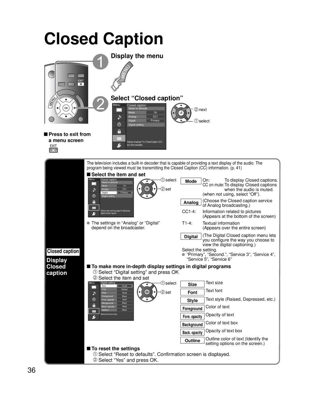 Panasonic TC-L42U25 Closed Caption, Display the menu Select Closed caption, Select the item and set, To reset the settings 