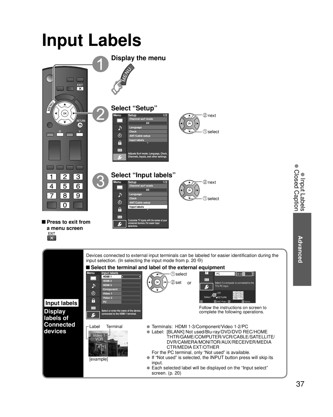 Panasonic TC-L42U25 quick start Input Labels, Select Input labels, Display labels of Connected devices, Label Terminal 