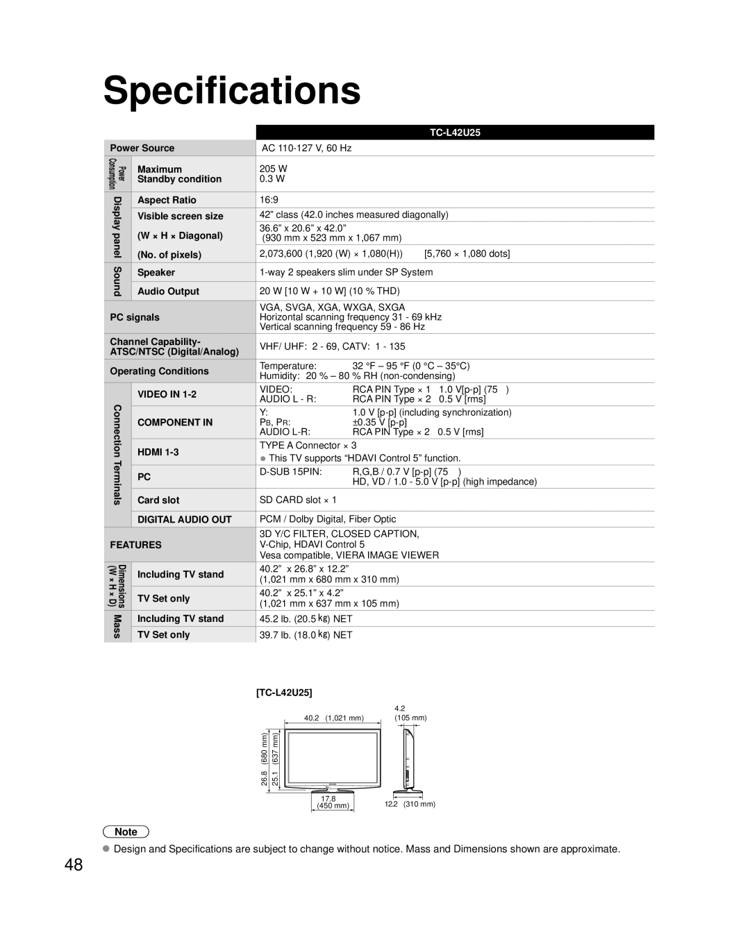 Panasonic TC-L42U25 quick start Specifications, RCA PIN Type ×, B / 0.7 V p-p 75 Ω 