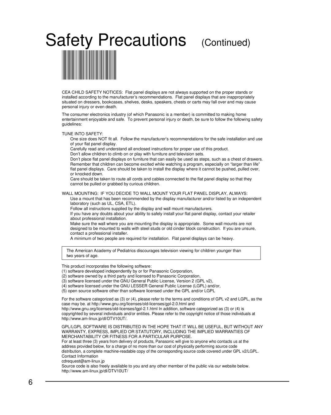 Panasonic TC-L42U25 quick start Tune Into Safety 