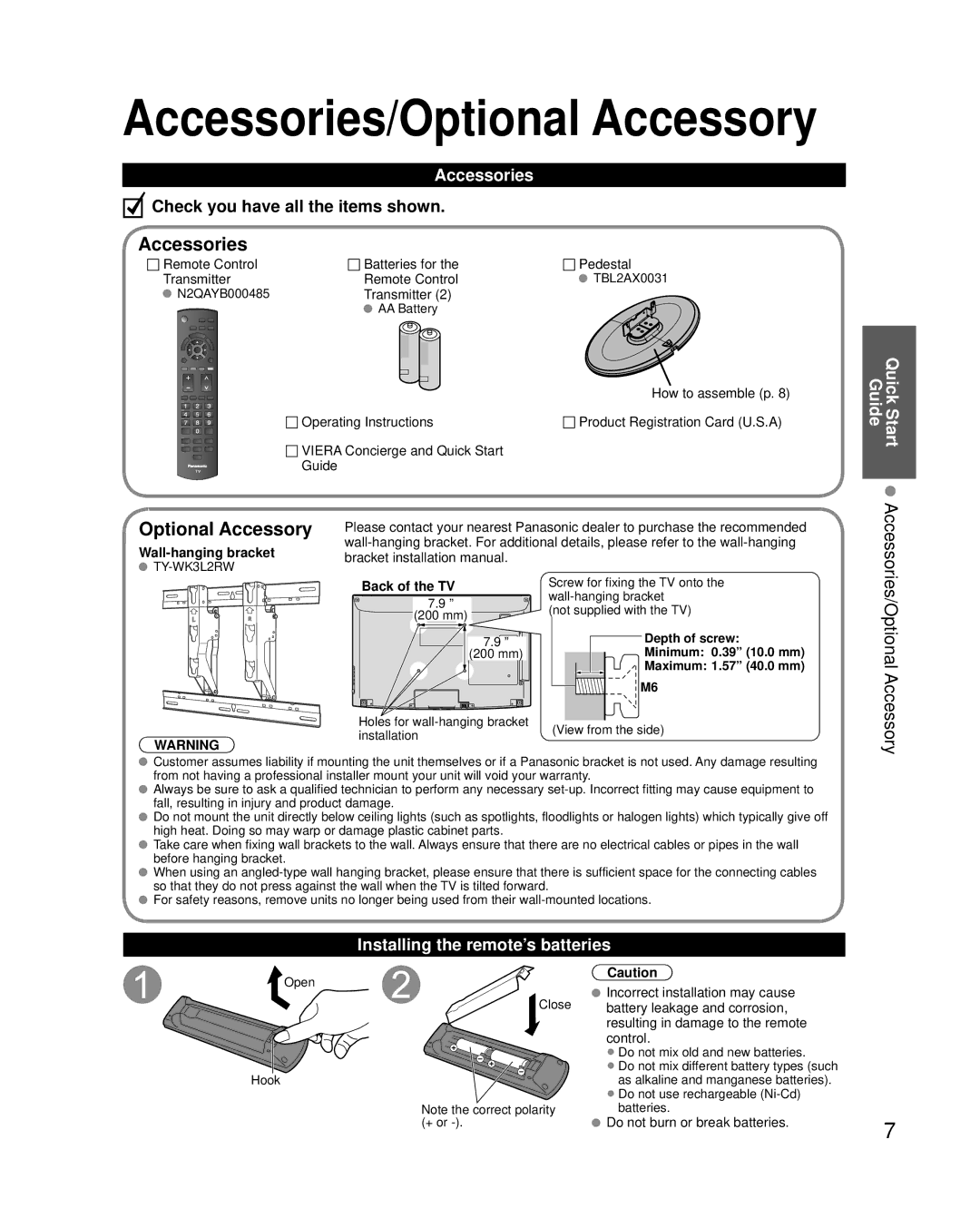 Panasonic TC-L42U25 quick start Accessories, Optional Accessory, Quick Start Guide, Installing the remote’s batteries 