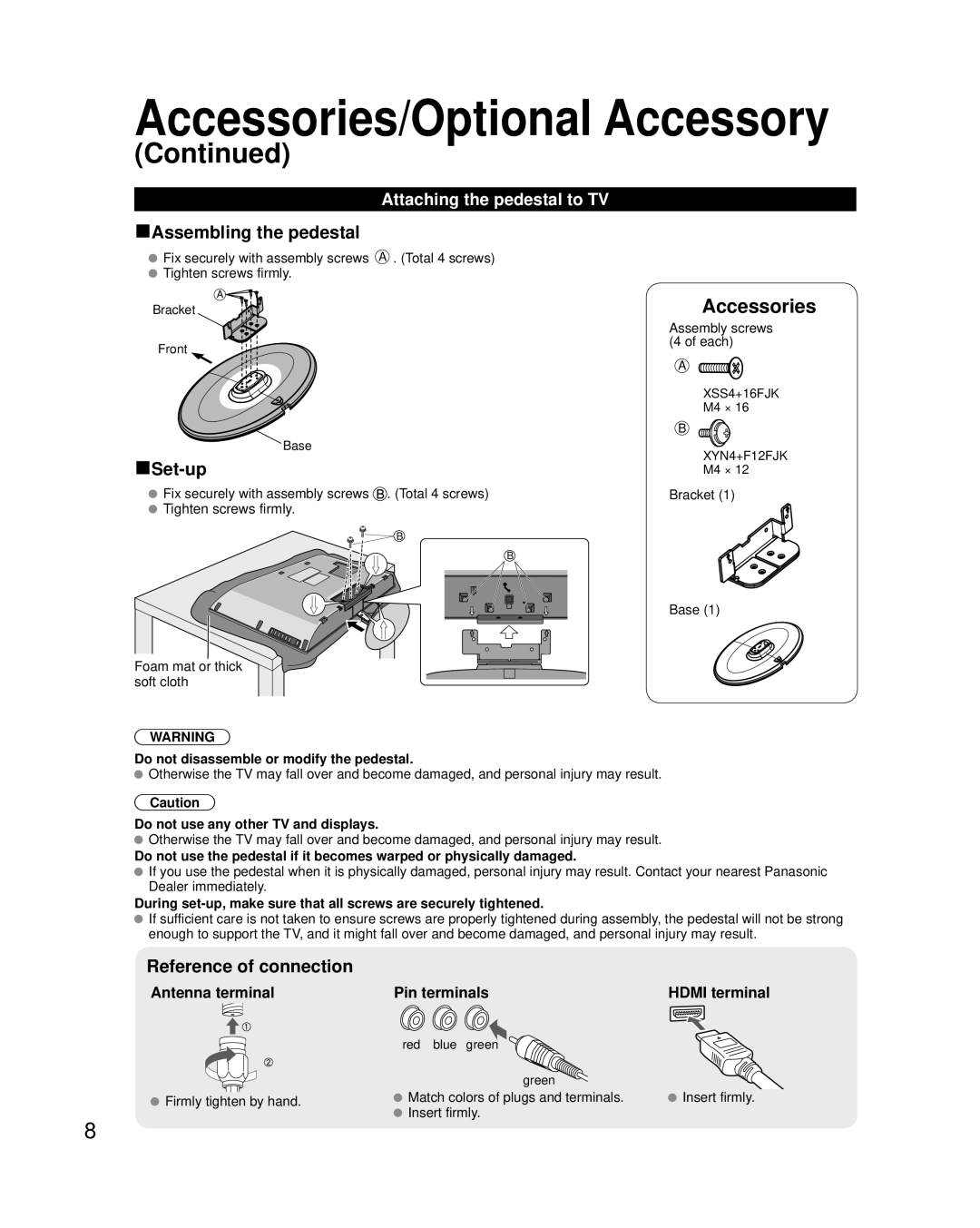 Panasonic TC-L42U25 quick start Accessories/Optional Accessory, Attaching the pedestal to TV, Antenna terminal 