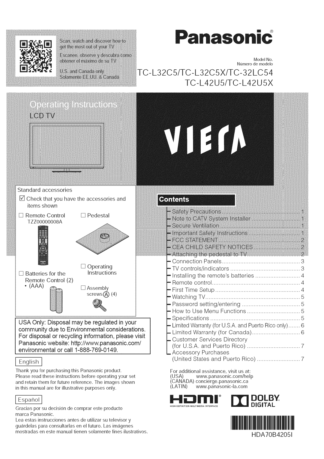 Panasonic TC-L42USX manual Panasonic, TZZOOOOOOO8A 